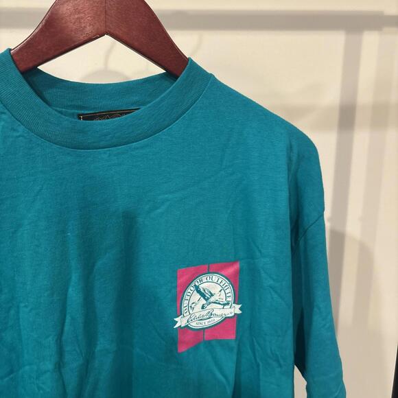 Vintage Eddie Bauer Outdoor Outfitters Logo T-Shirt Teal USA Made XL 90s Duck - Picture 1 of 4